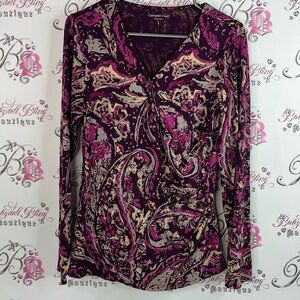 Coldwater Creek Women's Pink and Cream Paisley Blouse stretchy long sleeve